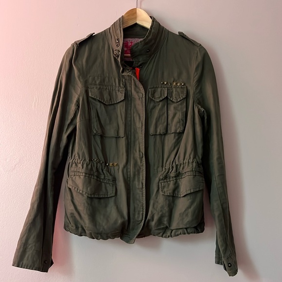 Free People Jackets & Blazers - Free People Army Green Military Utility Jacket Embellishments Orange Zipper Sz 6